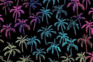 Wall Mural - Tropical neon palm trees on dark background for vibrant designs