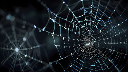  abstract background of an intricate spider web with delicate, shimmering silver threads against a dark, misty backdrop
