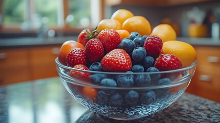 A glass bowl filled with fresh fruit, including strawberries, blueberries, raspberries, and apricots, sits on a kitchen counter.