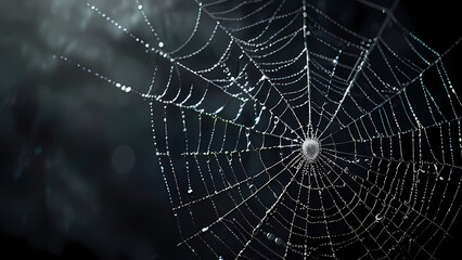  abstract background of an intricate spider web with delicate, shimmering silver threads against a dark, misty backdrop
