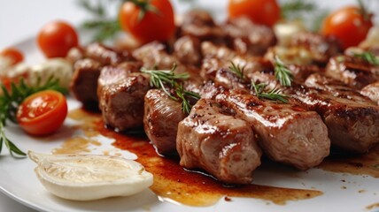 Wall Mural - grilled meat on a white table, in a close-up photo