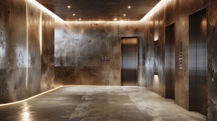 Sticker - Elevator lobby, characterized by its industrial design, metallic surfaces, and ambient lighting