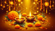 © gv image - Indian Hindu festival Happy Diwali Greetings card with design Diya lamp with marigold flower in soft golden yellow bokeh background