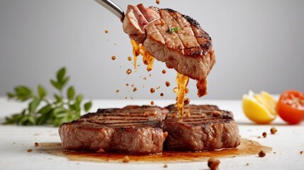 Wall Mural - grilled meat on a white table, in a close-up photo