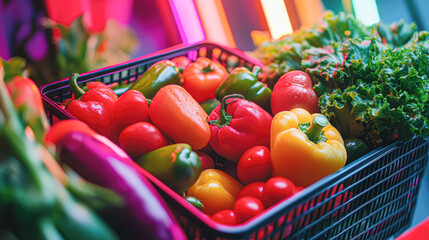 Poster - A basket of vegetables including peppers, tomatoes, and lettuce