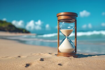 Hourglass on white sand beach