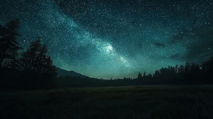 Poster -   The night sky glows with stars, while trees cast silhouettes against it In the background, a majestic mountain range stands tall