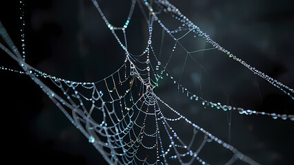  abstract background of an intricate spider web with delicate, shimmering silver threads against a dark, misty backdrop