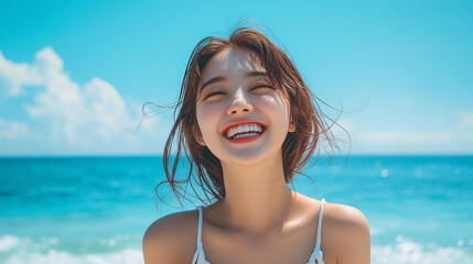 beautiful attractive asian girl model, smiling laughing on the beach