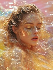 Canvas Print - A woman is in a pool of glitter, with her hair wet