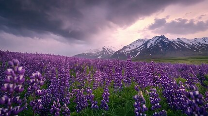 Poster -   A stunning field of purple flowers in foreground, framing majestic snow-topped mountain range in background