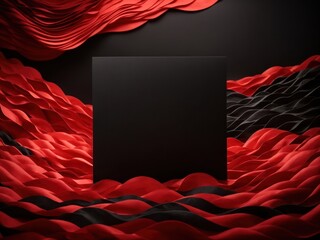 Wall Mural - Square of black paper with copy space on red waves of paper on red background