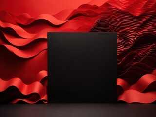 Wall Mural - Square of black paper with copy space on red waves of paper on red background