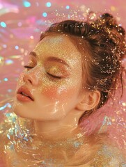 Wall Mural - A woman is in a bathtub with glitter on her face