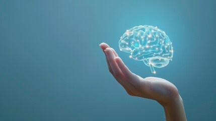 a glowing brain floating above an open palm, suggesting the concept of human intelligence and though