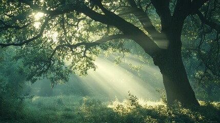 Poster -   Sunlight filters through leafy tree branches into a verdant forest setting with lush grasses and towering trees in the foreground