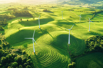 Poster - A field of wind turbines with a green grassy background