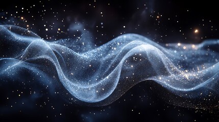 Wall Mural - Abstract blue glowing wave with light particles on black background.