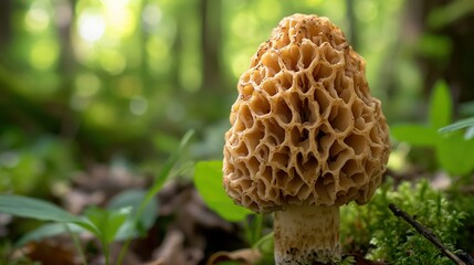 Canvas Print -   Mushroom amidst lush greenery & tall trees in the forest backdrop