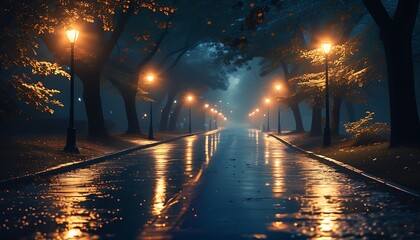 On the streets at night, lights shine through the leaves on the wet road, creating a mysterious and tranquil atmosphere.