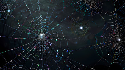  abstract background of an intricate spider web with delicate, shimmering silver threads against a dark, misty backdrop