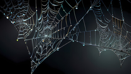 abstract background of an intricate spider web with delicate, shimmering silver threads against a dark, misty backdrop