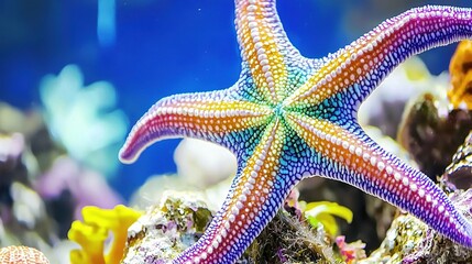 Poster -   A colorful starfish rests atop coral in a vibrant fish tank surrounded by diverse fish and coral