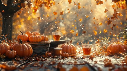 Wall Mural - Autumn nature concept. Fall pumpkins and apples on wooden rustic table. Thanksgiving dinner