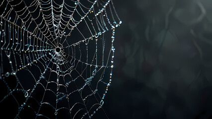  abstract background of an intricate spider web with delicate, shimmering silver threads against a dark, misty backdrop