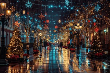 A street is lit up with Christmas lights and a car is driving down the street, generative ai image