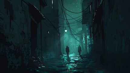 Nightmarish illustration of a dark alley with shadowy figures and eerie lights