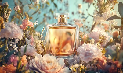 Sticker - A Perfume Bottle Surrounded by Delicate Flowers