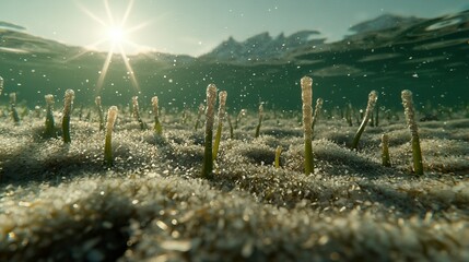 Poster -   The sun illuminates a grassy field with small water droplets and sprouting blades in the foreground