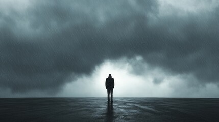 Wall Mural - a solitary figure standing on a rain-soaked street, shadowed by dark clouds, with a single beam of l