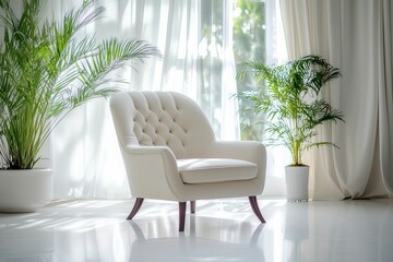 Traditional interior design with white luxury window curtain on left, warm living room with chair and plant vase.White wood flooring.