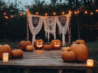 Boho-style haunted house draped in lace and dreamcatchers, with ghostly lights and pumpkins glowing warmly in the twilight