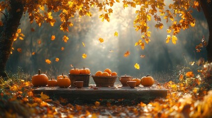 Wall Mural - Autumn nature concept. Fall pumpkins and apples on wooden rustic table. Thanksgiving dinner