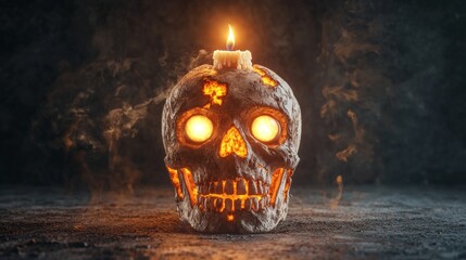 A creepy halloween, realistic skull with glowing eyes and a burning candle on top, set against a dark, eerie background