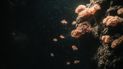 Poster -  A swarm of orange-white sea anemones float above a dark sea floor, surrounded by air bubbles