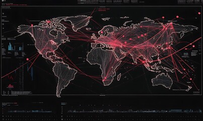 Wall Mural - global network map with red lines connecting cities and data displays