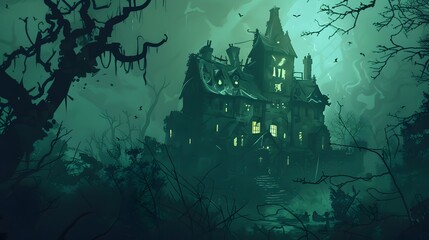 Nightmarish illustration of a haunted mansion with dark, eerie shadows