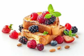 Wall Mural - Closeup view of French toast and berries on white background selective focus