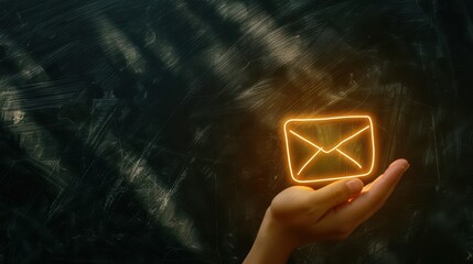 A glowing representation of an email icon held in a hand, symbolizing communication and digital connection.