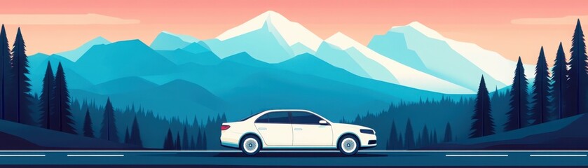 Electric vehicle with long-range battery, scenic drive, flat design illustration