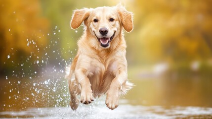 A dog jumping into the water with a splash of yellow, AI