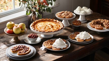 Wall Mural - Classic Thanksgiving dessert spread with pumpkin pie, apple pies, and pecan tarts on rustic wooden table