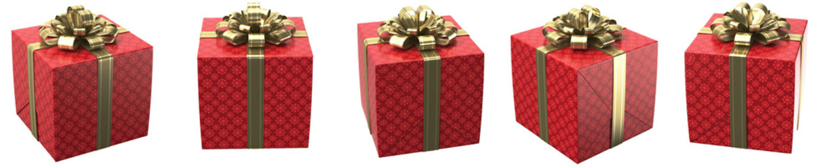 A collection of four red gift boxes with gold bows, symbolizing celebration and giving.