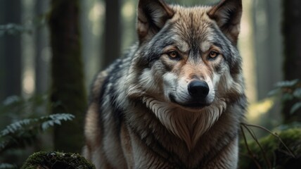 wolf in the forest in a close-up photo