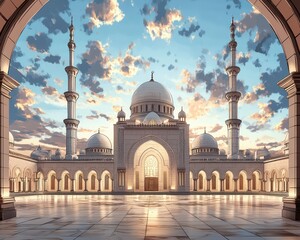 Stunning view of a grand mosque with beautiful architecture set against a dramatic sky at sunset.