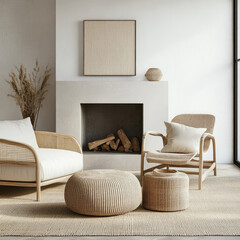 Wall Mural - Rattan lounge chair, wicker, pouf and white sofa by fireplace. Scandinavian, hygge home interior design of modern living room.